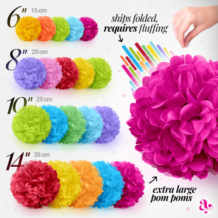 Tissue paper pom poms in sizes of 6", 8", 10" and 14"